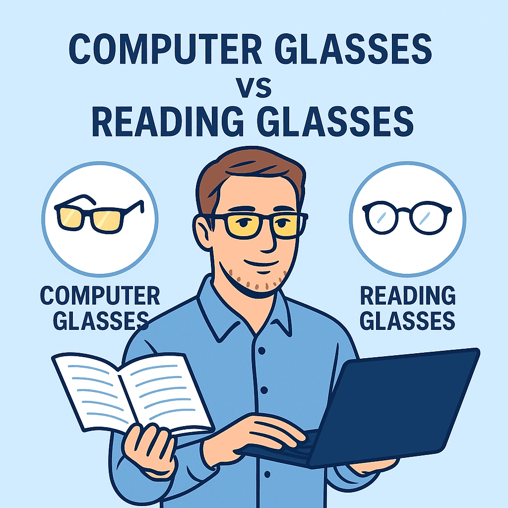 The image shows a man wearing computer glasses, holding a book in one hand and using a laptop with the other. On the left side, there is an icon labeled "Computer Glasses" with tinted lenses, and on the right, an icon labeled "Reading Glasses" with clear lenses. The background is light blue, and the title at the top reads "Computer Glasses vs Reading Glasses," illustrating the functional difference between the two types of eyewear.