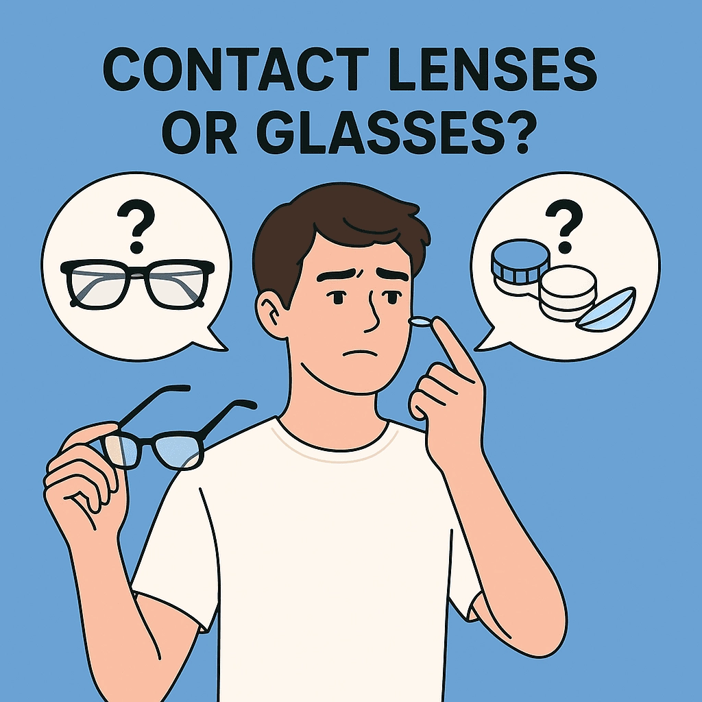 The image shows a young Caucasian man with short dark brown hair, wearing a simple off-white T-shirt. He holds a pair of eyeglasses in one hand and is pondering whether to choose contact lenses or glasses. Speech bubbles appear above him, showing images of eyeglasses and a contact lens case. The bold text above reads, "CONTACT LENSES OR GLASSES?" with a clean, modern design.