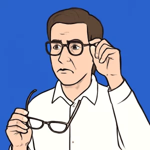 A person wearing reading glasses and adjusting them to improve their vision, symbolizing the concept of how reading glasses might help with distance vision.