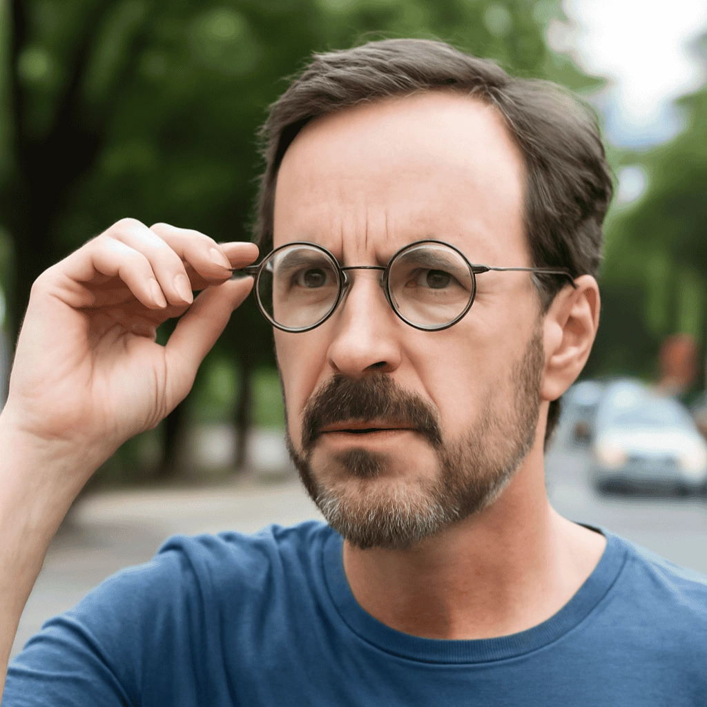 The illustration presents a middle-aged Caucasian man with dark brown, slightly receding hair and a mild look of confusion while trying on reading glasses against a solid blue backdrop. Wearing a white button-up shirt, he holds gray-framed glasses in his right hand and blue-framed ones in his left, his face sharply defined with rich details like well-defined eyebrows and a furrowed brow.