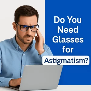 A man wearing light blue casual clothing, glasses, and a calm expression, standing against a bright background, with an emphasis on eye protection and comfort.