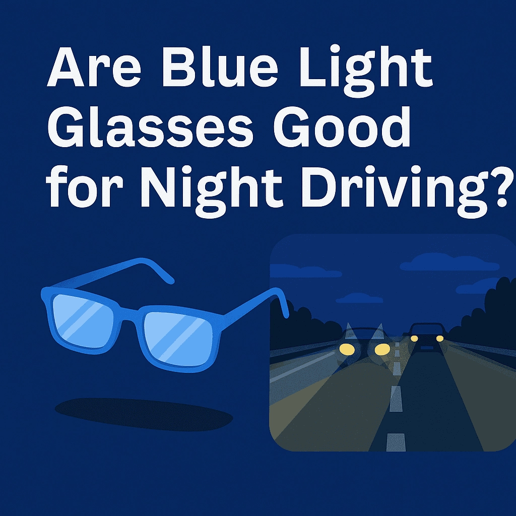 An illustration depicting a person wearing blue light glasses while driving at night. The image showcases the effect of blue light blocking lenses on reducing glare and improving vision clarity for night driving.
