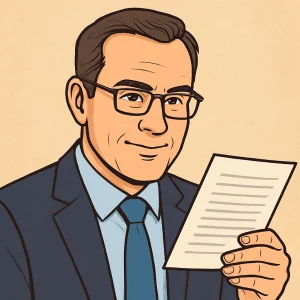 Illustration of a middle-aged businessman in a navy suit and glasses, holding a document and smiling against a warm beige background.