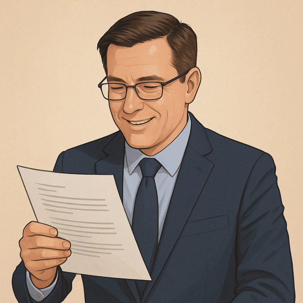 Middle-aged man in a navy suit and rectangular reading glasses smiling as he reads a document against a warm beige background.
