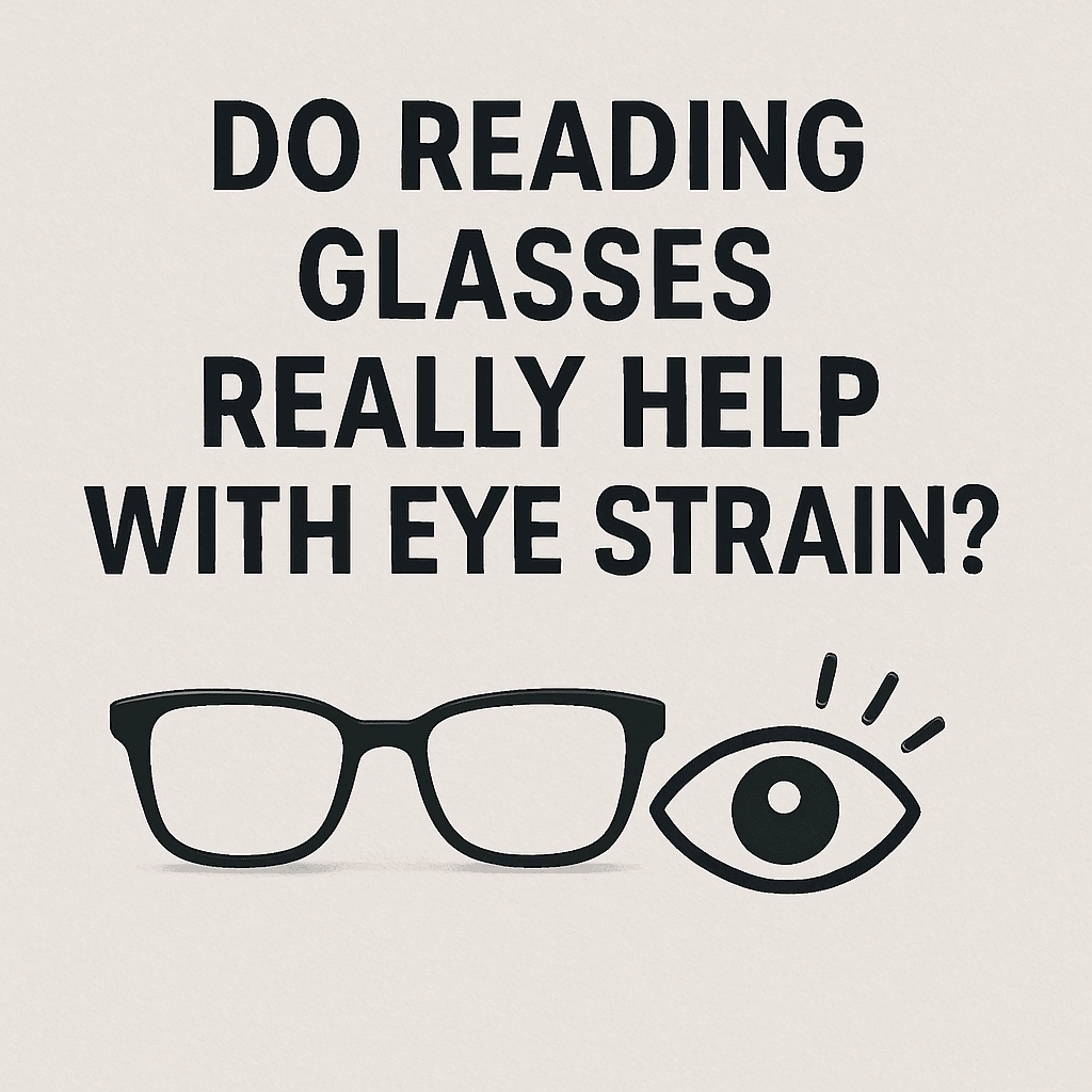 A minimalist graphic featuring bold black text that reads “Do Reading Glasses Really Help with Eye Strain?” centered on a light beige background. Below the text, there is a pair of black reading glasses and an icon of an eye with three stress lines above it, symbolizing eye strain.