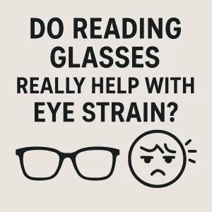 A graphic with bold black text asking, “Do Reading Glasses Really Help with Eye Strain?” displayed on a light beige background. Below the text, there is a simple illustration of black reading glasses next to a frowning face icon with lines around the head, symbolizing eye strain or discomfort.