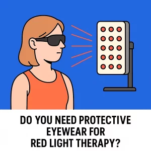 A Caucasian woman wearing protective eyewear during red light therapy, sitting in a relaxed and comfortable position. The image represents the importance of eye protection while undergoing red light therapy for safety and comfort.