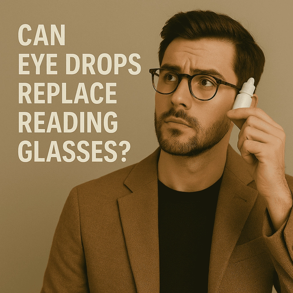 A stylish young man with short dark hair and a trimmed beard holds a small white eye drop bottle near his face while looking upward thoughtfully. He wears round tortoiseshell glasses, a brown herringbone blazer, and a black shirt. The background is a muted beige, and bold white text on the left side reads: “Can Eye Drops Replace Reading Glasses?”