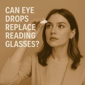A stylish young woman with light skin and soft brown hair wears a beige sweater and blazer. She gazes upward thoughtfully while holding a white eye drop bottle near her eye. The background is a warm, neutral beige. On the left side of the image, bold cream-colored text reads: “Can Eye Drops Replace Reading Glasses?”