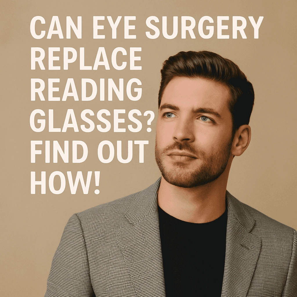 A stylish young man with neatly groomed hair and a trimmed beard gazes thoughtfully to the side. He wears a light gray checkered blazer over a dark navy top, set against a soft beige background. Bold white text on the left reads: “Can Eye Surgery Replace Reading Glasses? Find Out How!”