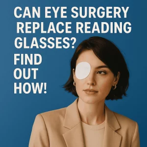A fashionable young woman with short dark hair and gold hoop earrings wears a beige blazer over a cream top. She has a white eye patch covering her right eye and looks slightly to the side with a composed expression. The background is a solid blue color, and bold white text on the left reads: “Can Eye Surgery Replace Reading Glasses? Find Out How!”