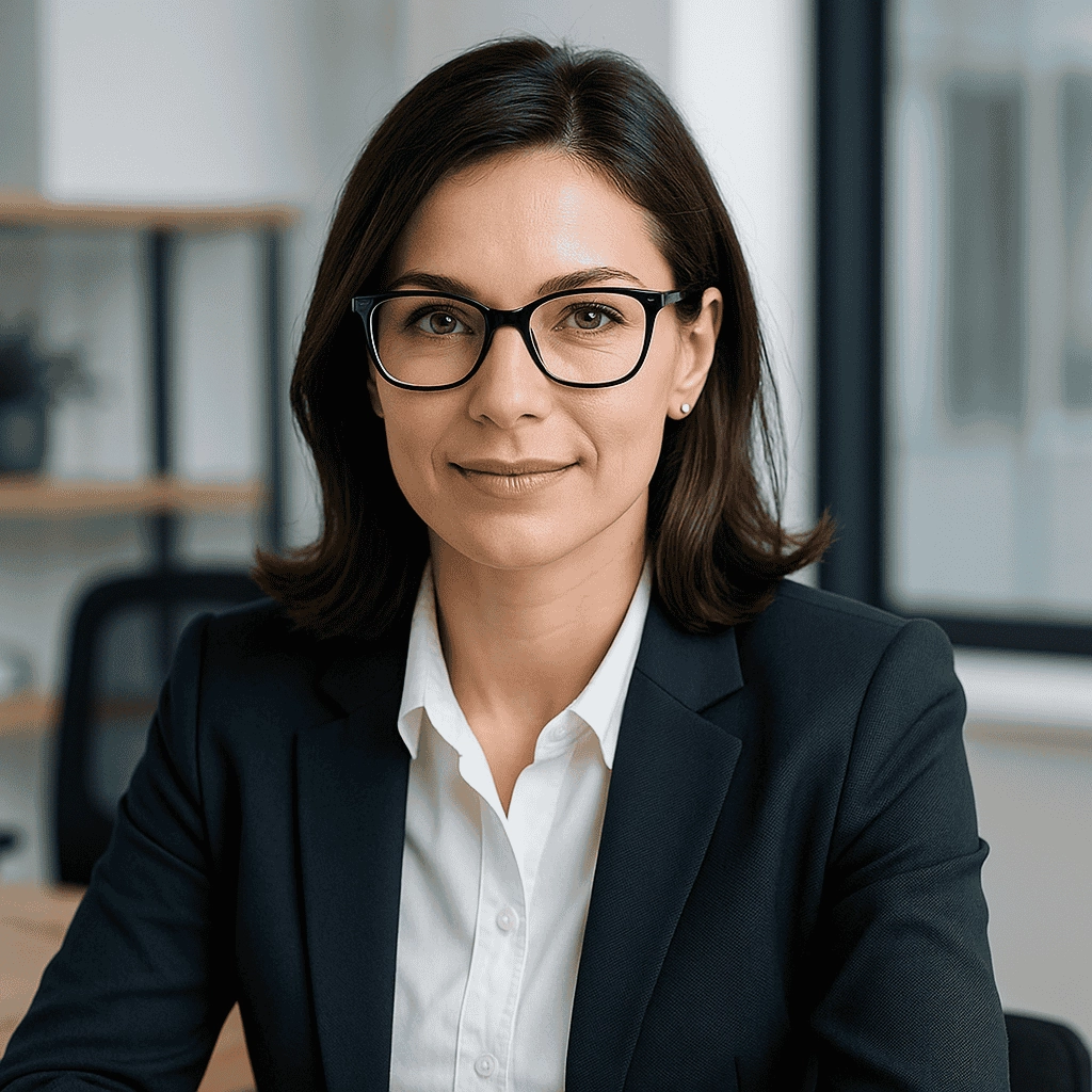 A professional businesswoman seated in a modern office environment, wearing black cat-eye eyeglasses, a navy blazer, and a white shirt, looking directly at the camera with a confident and approachable expression.
