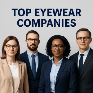 Four diverse professionals in business attire wearing stylish eyeglasses stand side by side under the bold navy text “TOP EYEWEAR COMPANIES” on a neutral gray background, highlighting a mix of gender, age, and ethnicity.