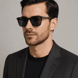 A man in his early 30s wearing Sailook Eyewear sunglasses, a tailored charcoal suit, and a navy sweater. He has styled hair, a neat beard, and a professional yet approachable expression, set against a soft gray background.