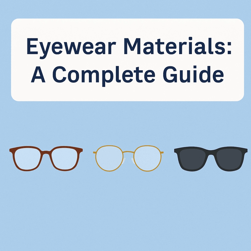 A digital graphic featuring the title 'Eyewear Materials: A Complete Guide' in bold navy blue on a soft light blue background. Below the title, three types of eyewear are illustrated: a pair of brown prescription glasses, gold metal circle frames, and black wayfarer sunglasses, spaced evenly.