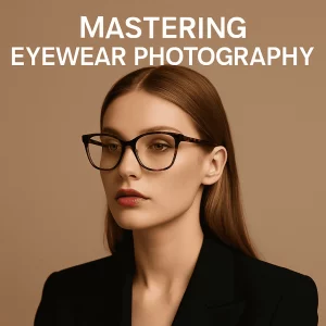 A young Caucasian woman with fair skin wearing tortoiseshell eyeglasses and a black tailored blazer, set against a warm beige backdrop. The text 'MASTERING EYEWEAR PHOTOGRAPHY' is prominently displayed at the top.