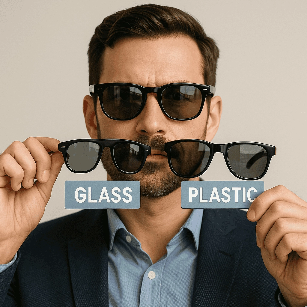 A professional-looking man in a navy blazer and light blue shirt holds up two pairs of black-framed sunglasses in front of his face. He labels the left pair “GLASS” and the right pair “PLASTIC” on blue tags, illustrating a side-by-side comparison of glass versus plastic lens options against a neutral off-white background.