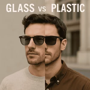 A split-image portrait of a man comparing two styles of sunglasses: the left half shows him wearing tortoiseshell-framed glass-lens sunglasses with a green tint, while the right half shows him in sleek black plastic-frame sunglasses. The background is softly blurred to keep focus on the contrasting materials and designs.