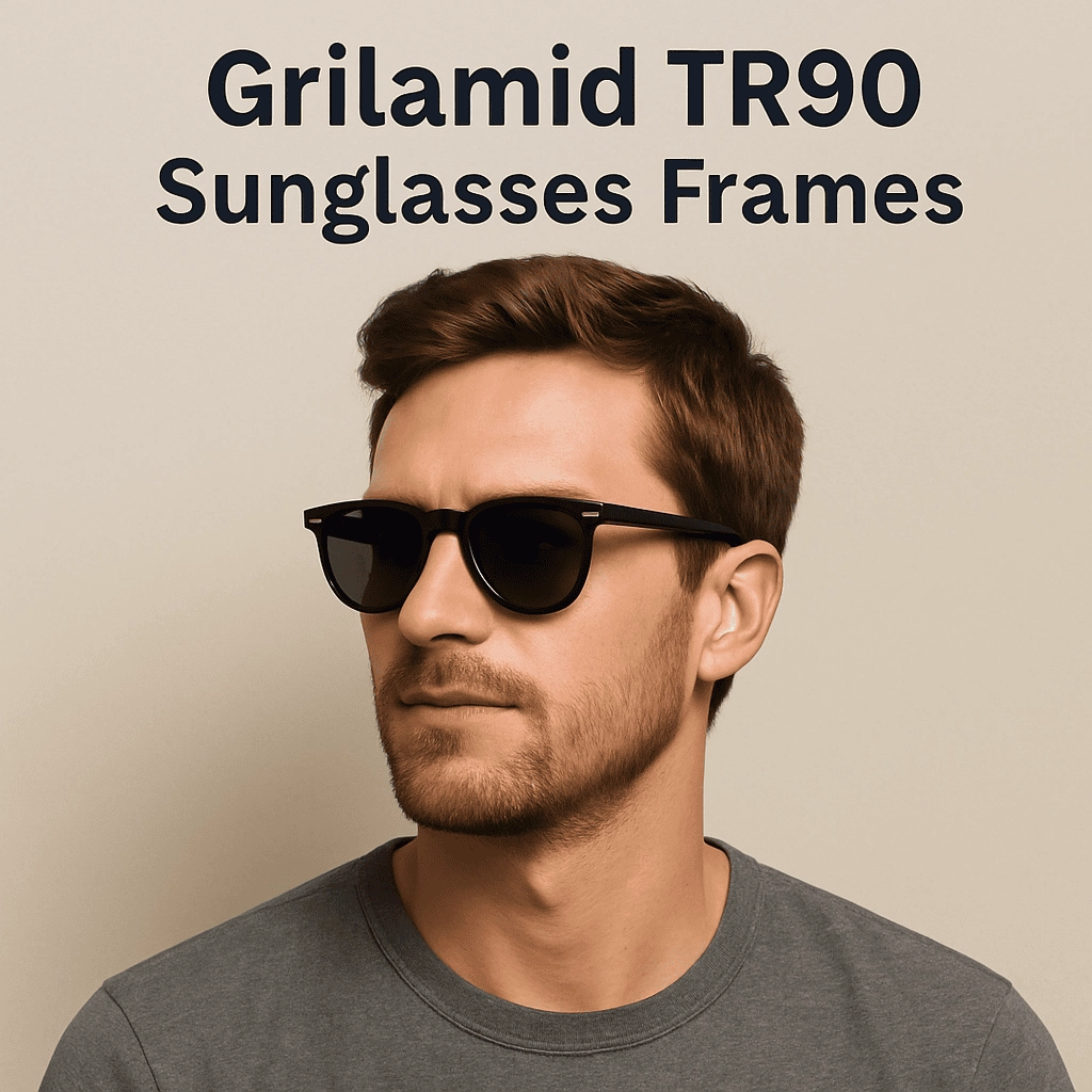 Close-up portrait of a young man wearing matte black Grilamid TR90 sunglasses frames against a neutral beige background, showcasing the lightweight, durable design and keyhole bridge detail.