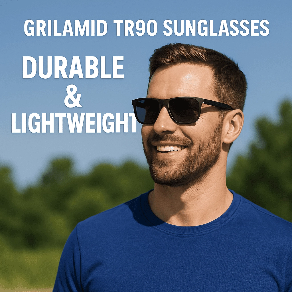 A smiling young professional stands outdoors wearing matte black Grilamid TR90 sunglasses against a blurred green foliage and clear blue sky background, with bold white overlay text reading “GRILAMID TR90 SUNGLASSES Durable & Lightweight.”