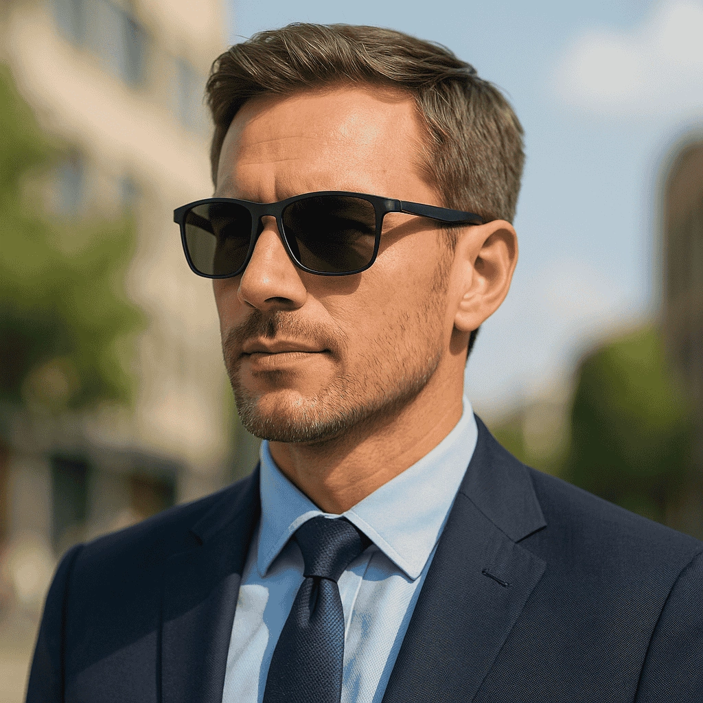 A portrait of a professional man in a navy suit and tie wearing matte black Grilamid TR90 sunglasses outdoors against an urban backdrop.