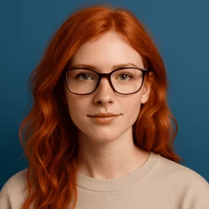 A close-up portrait of a young woman with vibrant red hair, wearing rectangular eyeglasses. Her hair is wavy, with shades of orange and deep red, complementing her fair skin with freckles. She gazes calmly at the camera, set against a soft blue background, wearing a simple beige sweater.