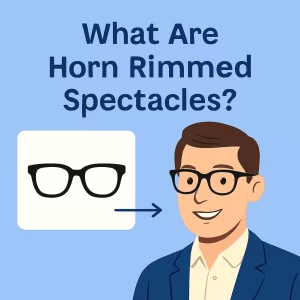 This digital illustration features a man in a dark blue blazer and cream shirt, wearing black horn-rimmed glasses. To the left of him, there is a simple, bold illustration of horn-rimmed glasses, with an arrow pointing from the glasses to the man. The background is light blue, and the text at the top reads, "What Are Horn Rimmed Spectacles?" in bold, dark blue font.