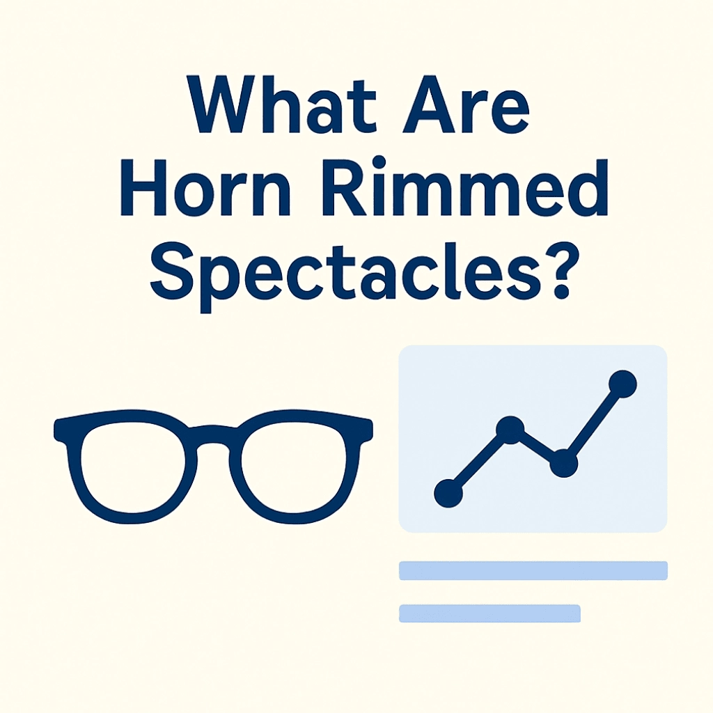 The image features a light beige background with the question "What Are Horn Rimmed Spectacles?" written in bold, dark blue text. Below the text is an illustration of black, thick-framed horn-rimmed glasses, accompanied by a simple line chart depicting growth. The design is framed by clean blue lines, offering a harmonious contrast of colors.