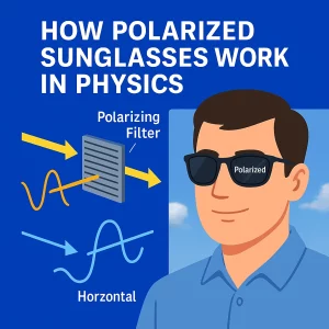 An educational illustration showing how polarized sunglasses work in physics. On the left, polarized light waves pass through a vertical polarizing filter, blocking horizontal waves. On the right, a man wearing polarized sunglasses demonstrates reduced glare under a sunny sky. The image includes labels like "Polarizing Filter" and "Horizontal" to explain the light filtration process.