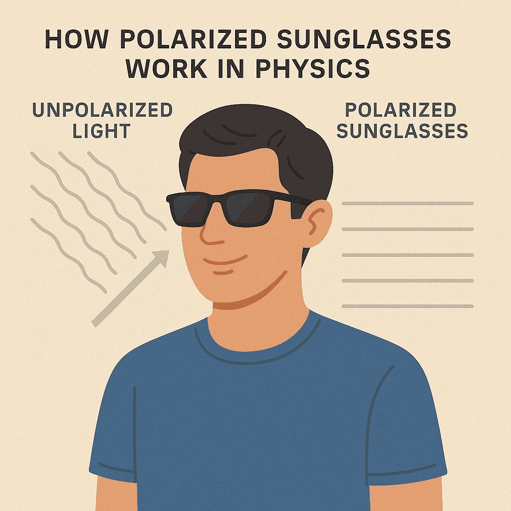 An illustrated man wearing polarized sunglasses and a blue shirt stands between two labeled diagrams. On the left, wavy lines represent unpolarized light. On the right, straight horizontal lines show how the sunglasses filter light. The heading reads "How Polarized Sunglasses Work in Physics."