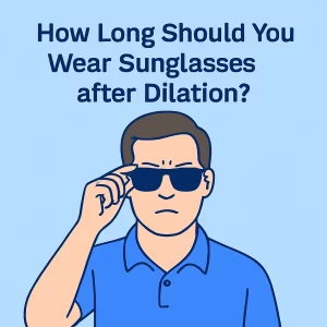 A digital illustration of a middle-aged man wearing sunglasses, with a serious expression, holding his sunglasses up. He is dressed in a blue polo shirt, set against a light blue background. Above him, the text 'How Long Should You Wear Sunglasses after Dilation?' is displayed in bold, clear letters.