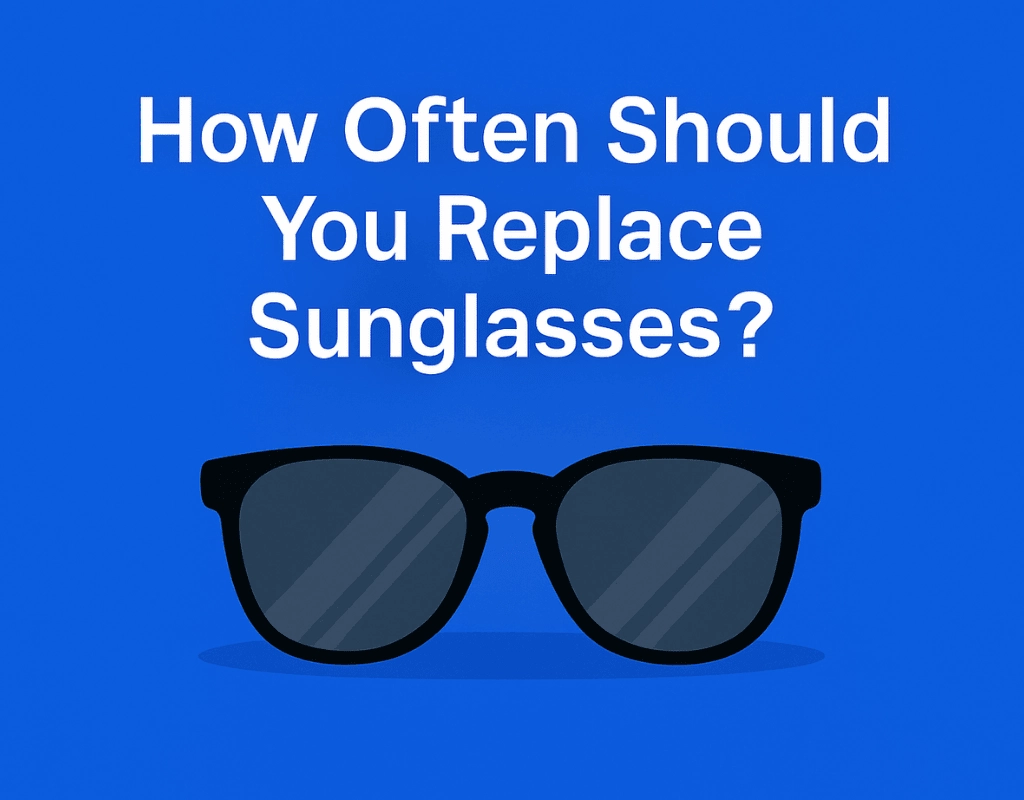 The image features a minimalist illustration of classic black wayfarer sunglasses centered against a bold blue background. Above the sunglasses, the question "How Often Should You Replace Sunglasses?" is displayed in large, white text. The design is clean and modern, with a sharp contrast between the text and the blue backdrop.