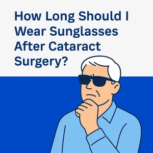 A minimalist illustration showing a middle-aged man wearing black wraparound sunglasses, deep in thought. He is dressed in a light blue collared shirt, and the background is solid blue. The bold text above reads, 'How Long Should I Wear Sunglasses After Cataract Surgery?'