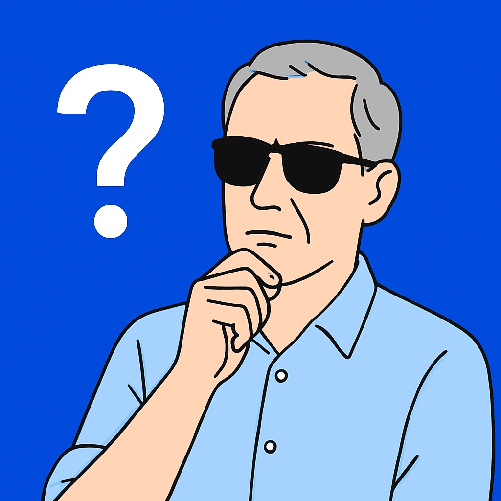 A digital illustration of a middle-aged man with fair skin, light gray hair, and dark sunglasses, dressed in a light blue shirt. He has a thoughtful expression and is holding his chin. A bold white question mark is displayed to his left against a solid blue background.