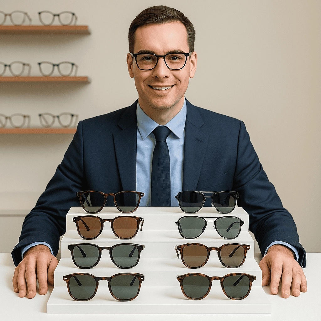 A well-lit shot of a young professional wearing eyeglasses and a navy suit standing behind a three-tiered display of twelve different sunglasses styles in a modern eyewear showroom, with rows of frames softly blurred on shelves in the background.