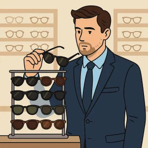 A digital illustration of a light‑skinned businessman in a navy suit holding a pair of black sunglasses while standing beside a metal rack displaying multiple sunglass styles in a modern eyewear showroom with blurred frame shelves in the background.
