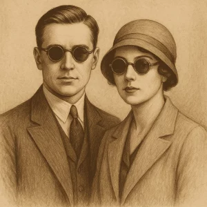 A sepia-toned illustration of a 1920s-era man and woman standing side by side, both wearing round vintage sunglasses. The man has slicked-back hair, a suit, and tie. The woman wears a cloche hat, tailored overcoat, and a simple blouse. They are set against a textured, parchment-like background that highlights the period style of their eyewear.