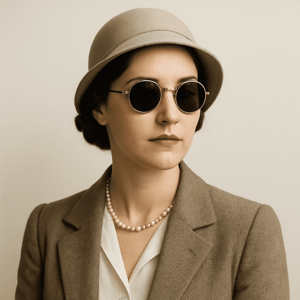 Portrait of a 1920s-style woman wearing round aviator sunglasses with thin gold frames, a beige cloche hat, a tailored blazer, and a single strand of pearls against a neutral background.
