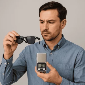 A professional-looking man in a light blue button-down shirt holds a pair of black sunglasses in one hand and a small digital scale displaying “30.4 g” in the other, against a neutral gray background.