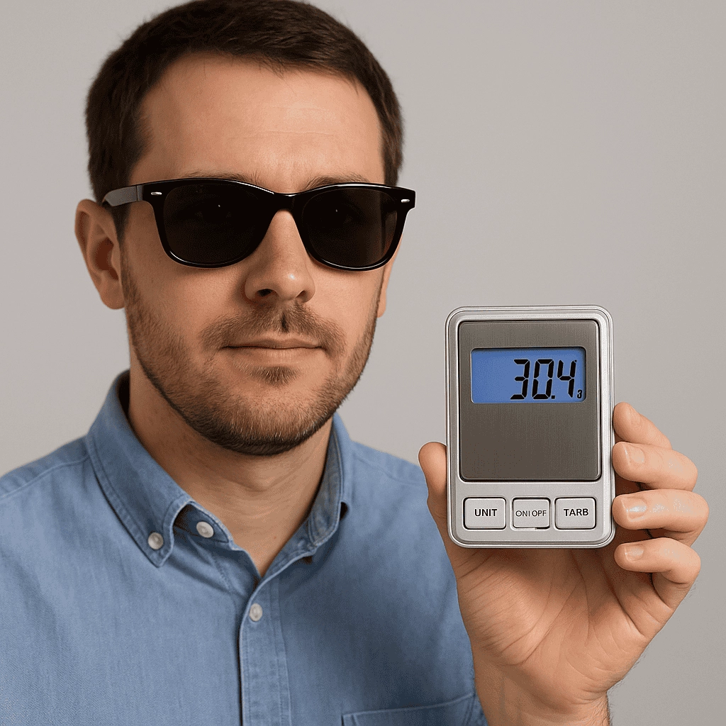A professional man wearing black sunglasses holds a small digital scale displaying “30.4 g.” His calm expression, clean denim shirt, and neutral studio backdrop highlight the precise weight measurement. This visual instantly communicates the theme of sunglasses weight and accuracy for a B2B audience.