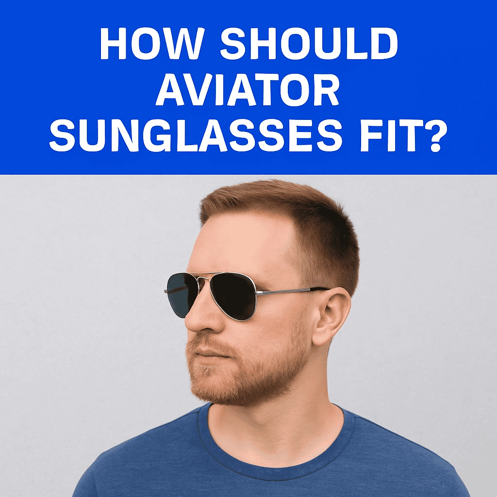 The image features a close-up of a Caucasian person wearing aviator sunglasses. The person's face is the focal point, with the sunglasses clearly visible, showcasing their sleek metal frame and reflective lenses. The background is softly blurred, emphasizing the stylish and functional design of the aviators.