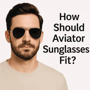 The image showcases a confident man wearing aviator sunglasses with a well-groomed beard, dressed in a light beige T-shirt. The text "How Should Aviator Sunglasses Fit?" is displayed to the right of his portrait.