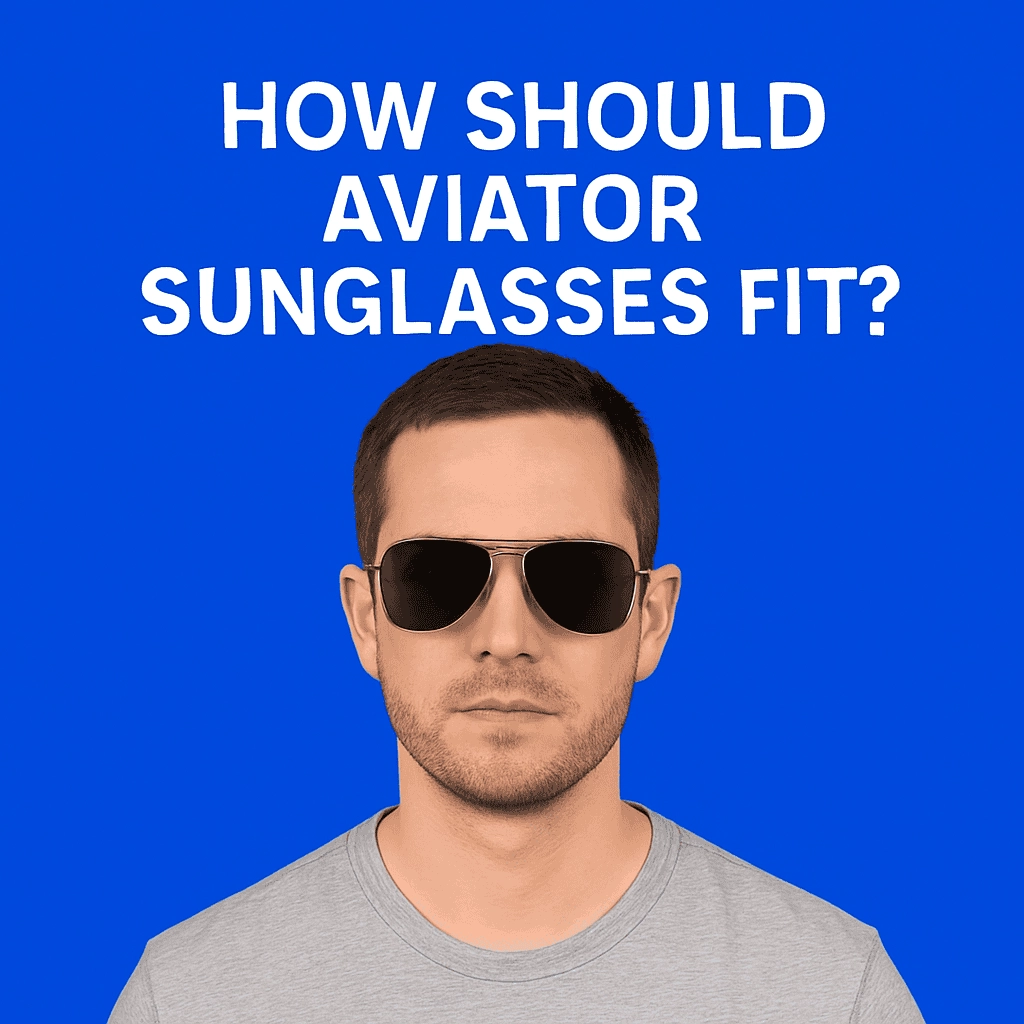 A man wearing aviator sunglasses, standing against a solid blue background. The text above him reads, "HOW SHOULD AVIATOR SUNGLASSES FIT?" The man is dressed in a gray t-shirt and looks directly at the camera, showcasing a confident and stylish look.