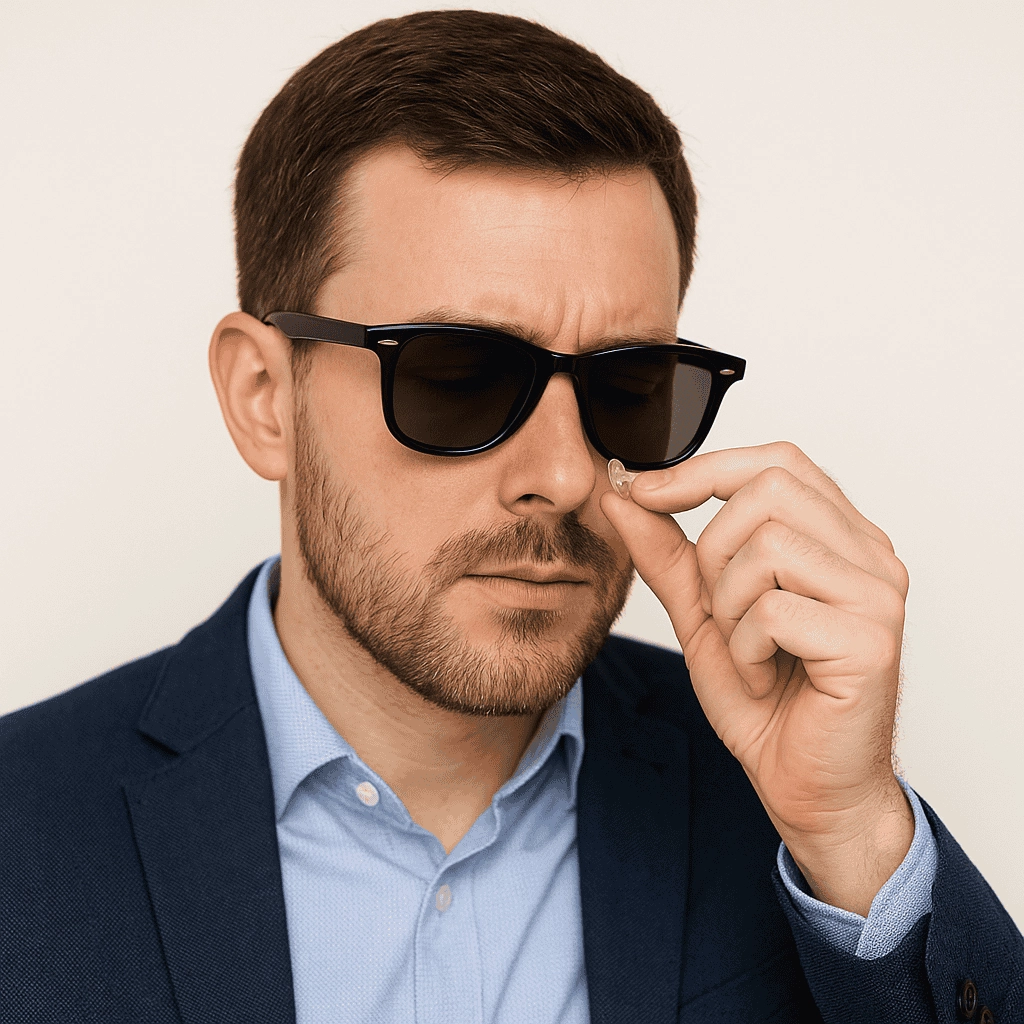 A professional man in business casual attire adjusts the nose pad on his black wayfarer sunglasses, focusing on precise fit and comfort.