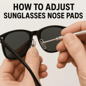 A close-up image showing a person adjusting the nose pads of a pair of black sunglasses using a small precision screwdriver. The hands are carefully positioning the pad arm, demonstrating a step in the adjustment process. Bold text at the top reads, "HOW TO ADJUST SUNGLASSES NOSE PADS."