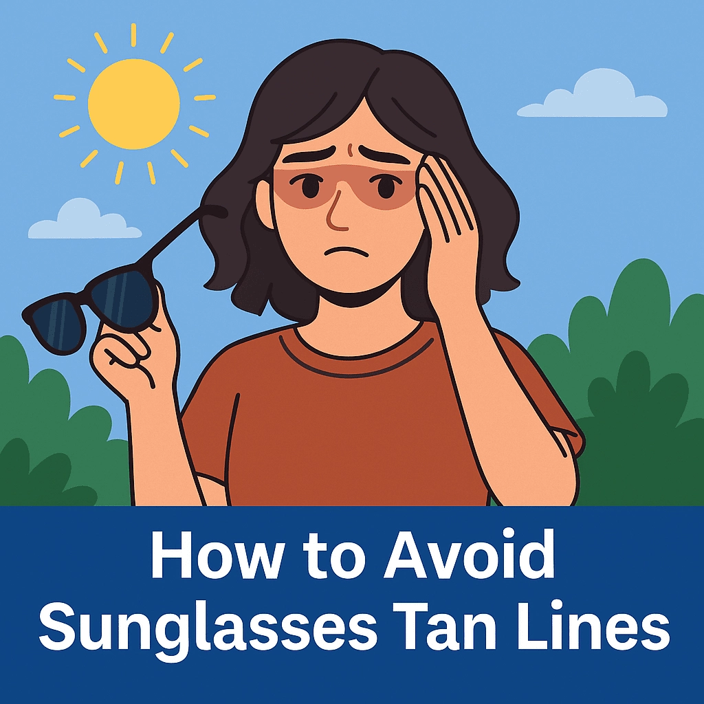 This illustration features a woman with shoulder-length, wavy brown hair and noticeable tan lines around her eyes and nose, expressing frustration. She is outdoors, holding sunglasses in one hand while touching her face with the other. She is wearing a burnt-orange T-shirt, and the background shows a bright yellow sun and a simple, minimalist landscape with green foliage. Bold text at the bottom reads, "How to Avoid Sunglasses Tan Lines."