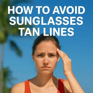 The image features a young woman outdoors on a bright, sunny day, with noticeable sunglasses tan lines around her eyes. She has a concerned expression, gently touching her forehead with her right hand. The backdrop shows a vibrant blue sky and a palm tree, with bold text at the top reading, "HOW TO AVOID SUNGLASSES TAN LINES."