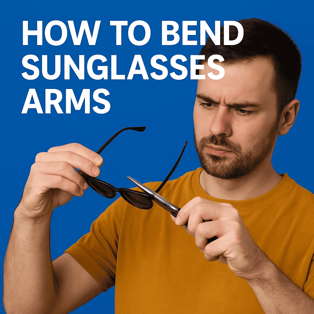 A man with short brown hair and a neatly groomed beard, wearing a mustard-yellow T-shirt, is focused on adjusting the arms of a pair of black-framed sunglasses using a silver tool. The bold text "HOW TO BEND SUNGLASSES ARMS" appears above him, set against a solid blue background.