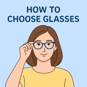 A digital illustration showing a guide on how to choose eyeglasses, with a focus on selecting the right frames and lenses. The image features a person wearing stylish eyeglasses, with visual elements emphasizing key factors like frame size, face shape, and lens type.