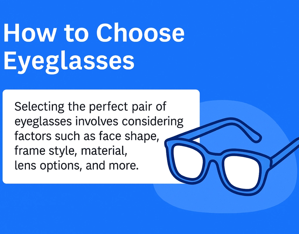 A digital graphic design illustration featuring a person selecting eyeglasses. The image includes visual cues highlighting key factors in choosing eyeglasses such as frame types, face shape, and lens options, providing a helpful guide for viewers.
